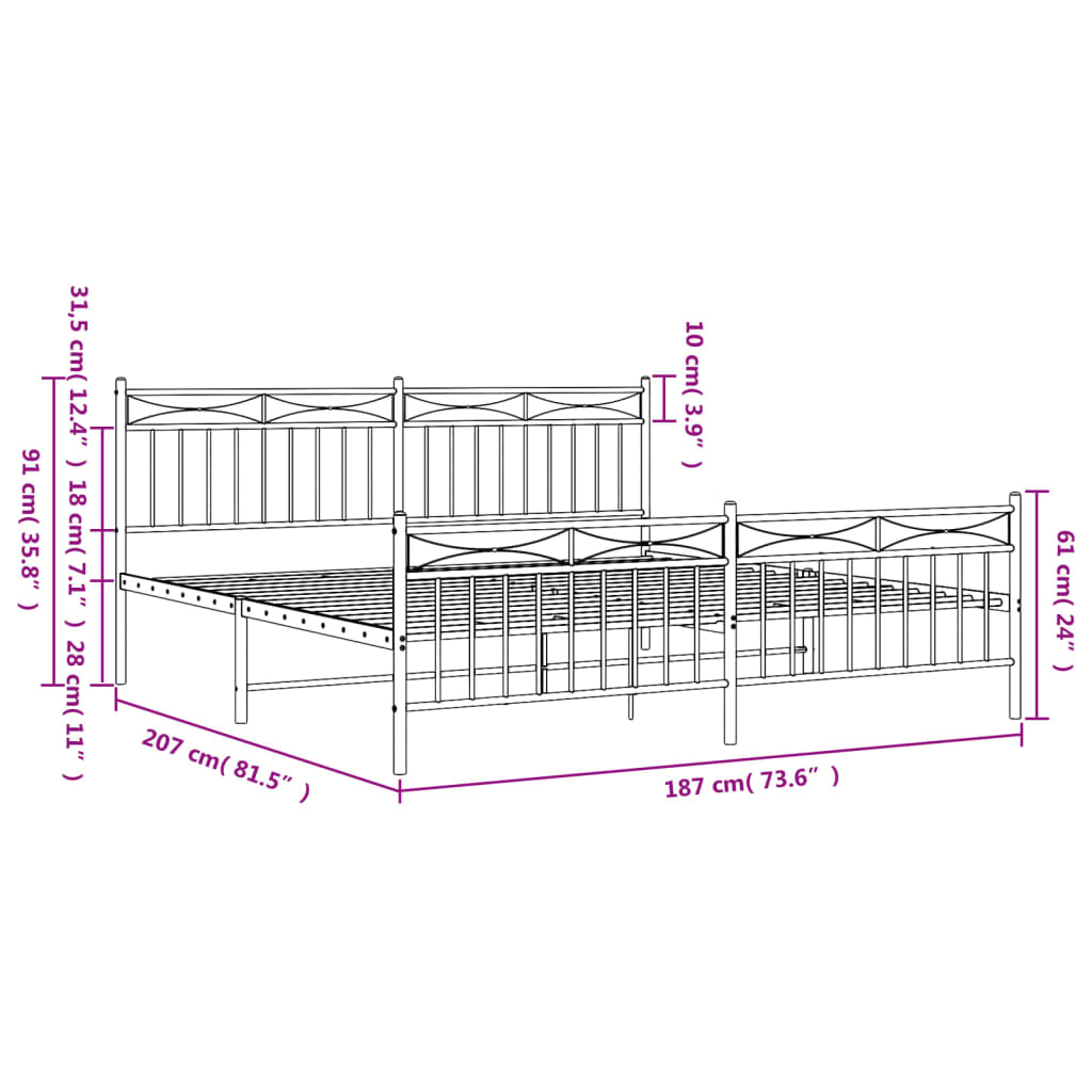 Metal Bed Frame with Headboard and Footboard White 183x203 cm King Size