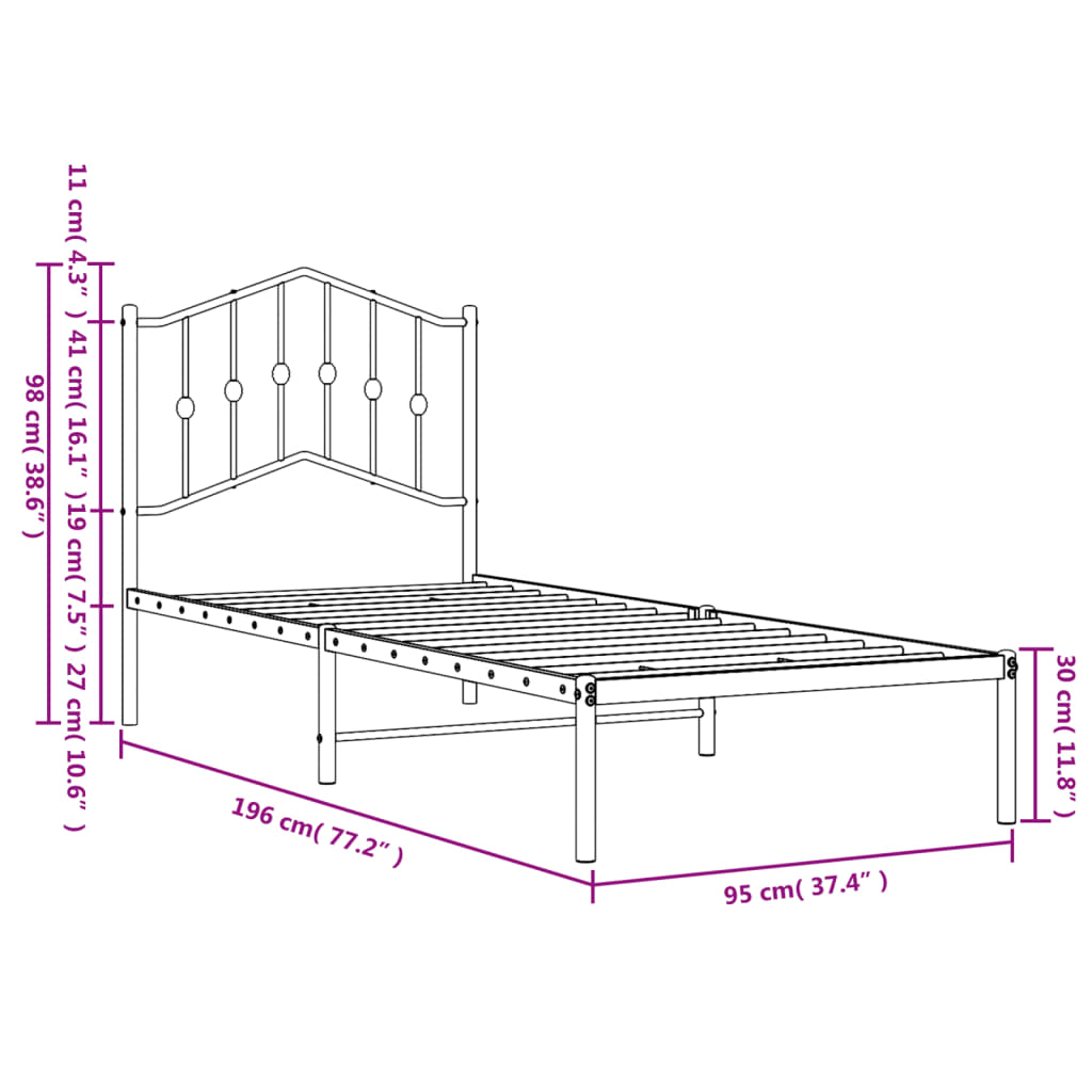 Metal Bed Frame with Headboard Black 92x187 cm Single Size