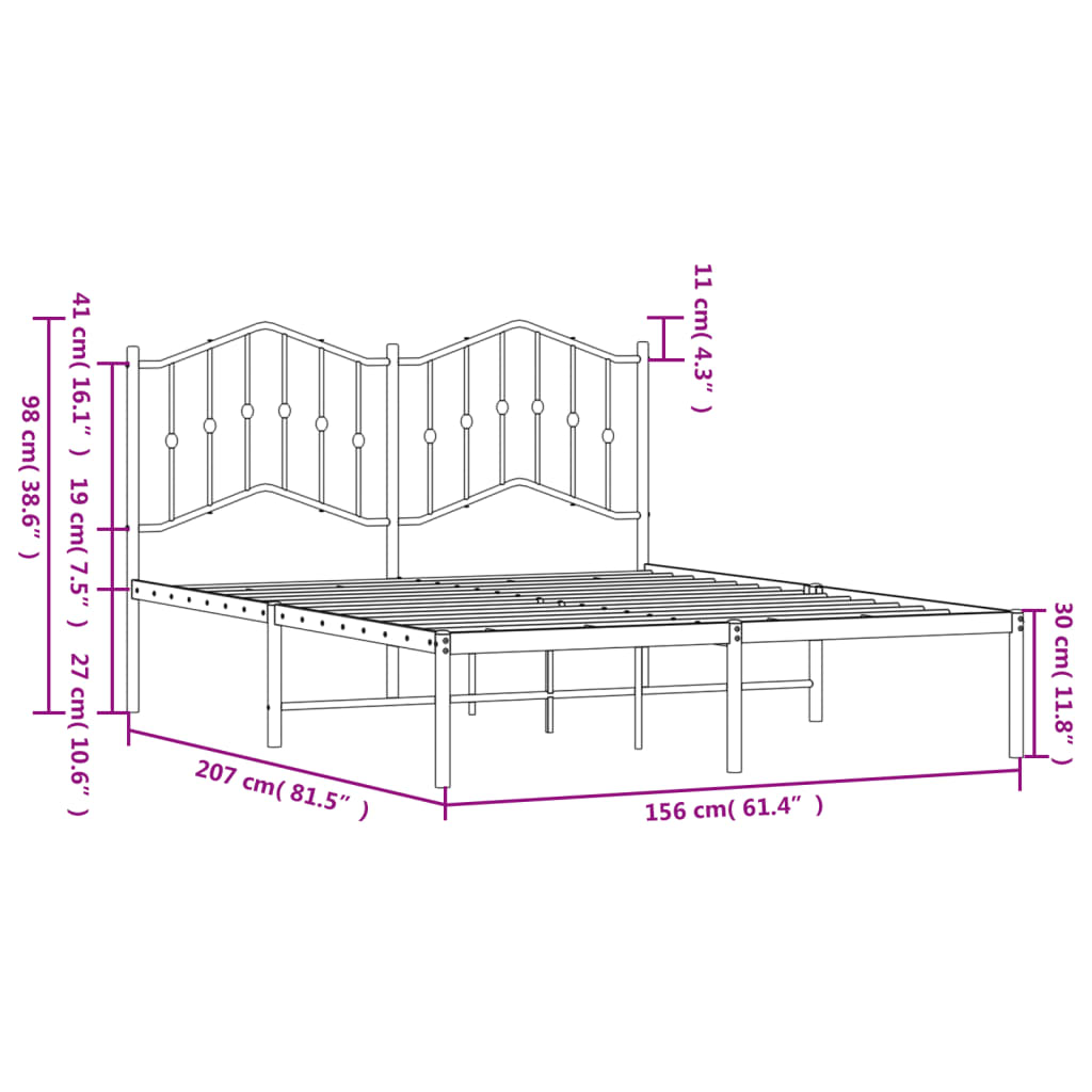 Metal Bed Frame with Headboard Black 150x200 cm