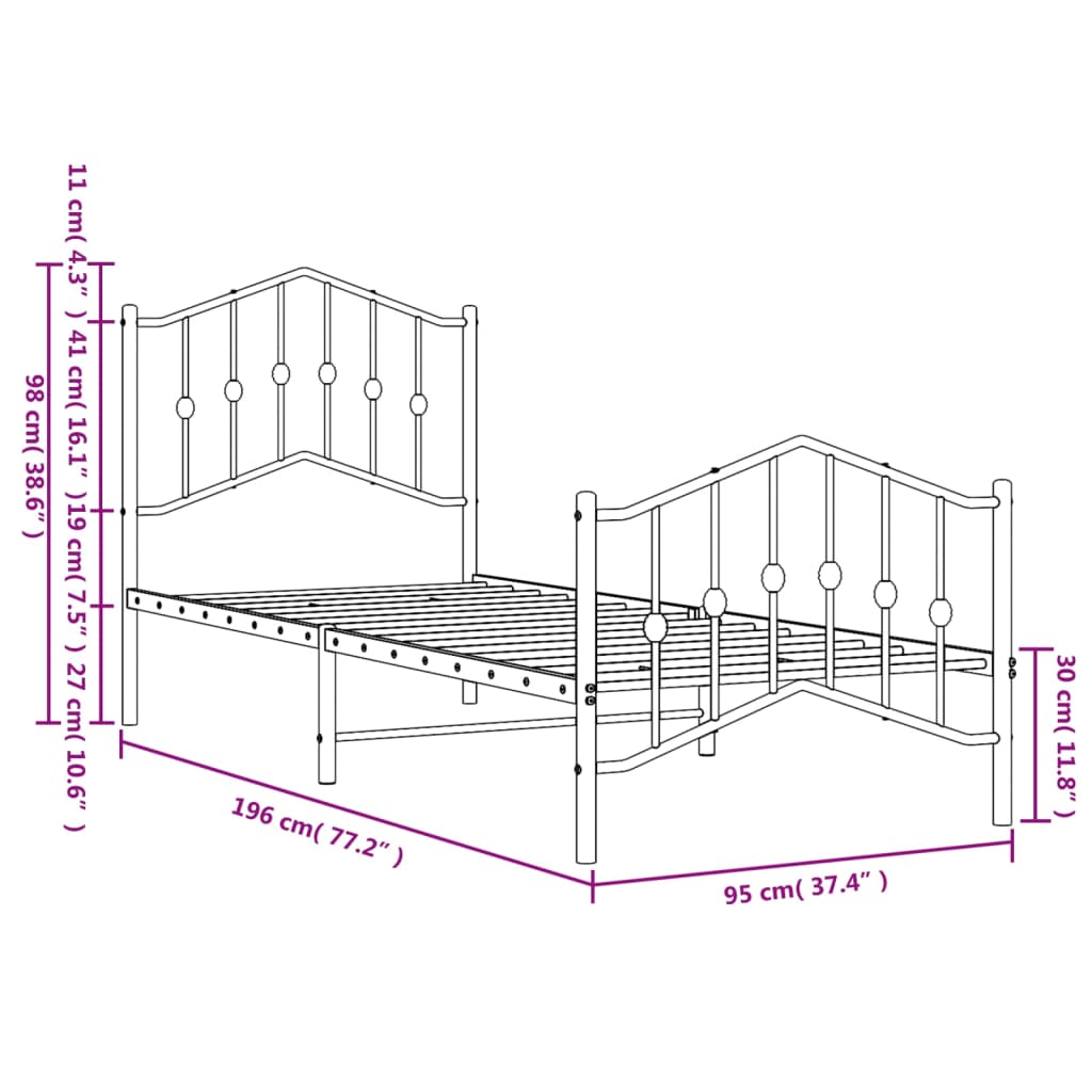 Metal Bed Frame with Headboard and Footboard White 92x187 cm Single Size