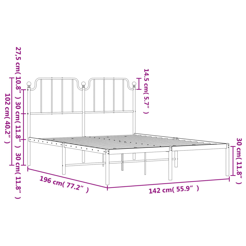 Metal Bed Frame with Headboard Black 135x190 cm