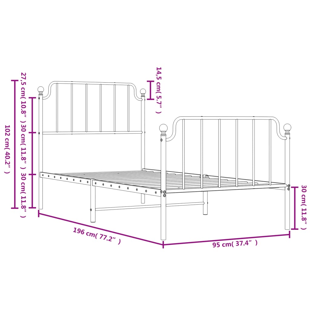 Metal Bed Frame with Headboard and Footboard Black 92x187 cm Single Size