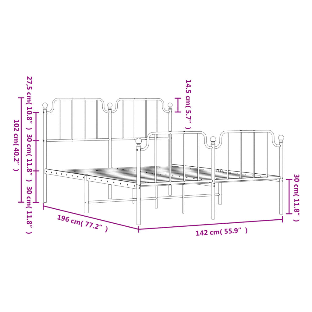 Metal Bed Frame with Headboard and Footboard Black 135x190 cm