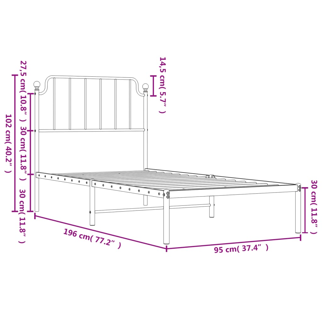 Metal Bed Frame with Headboard White 92x187 cm Single Size