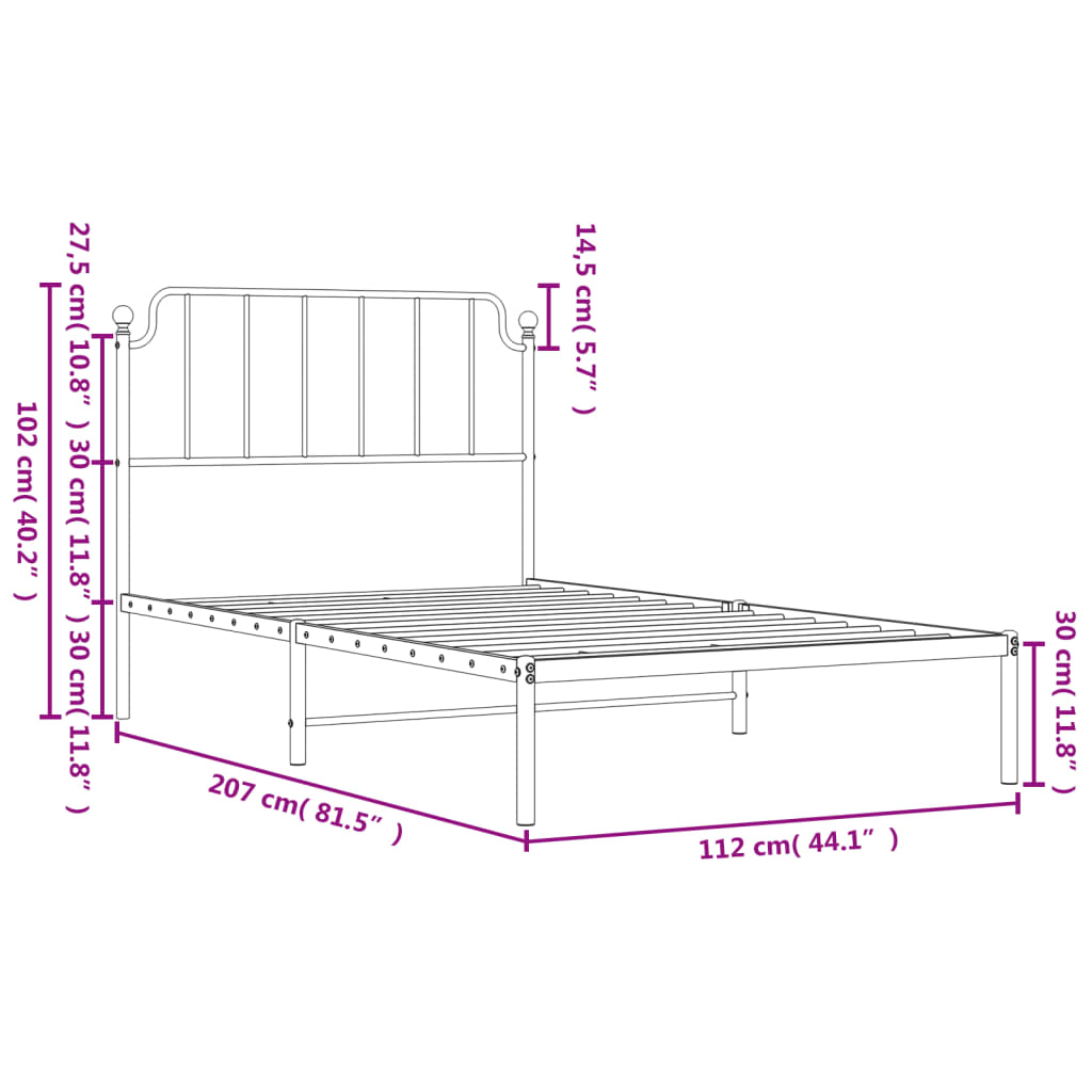 Metal Bed Frame with Headboard White 107x203 cm