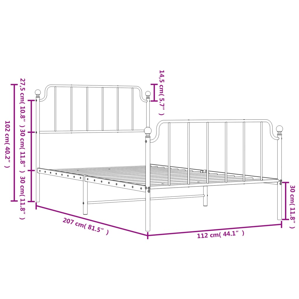 Metal Bed Frame with Headboard and Footboard White 107x203 cm