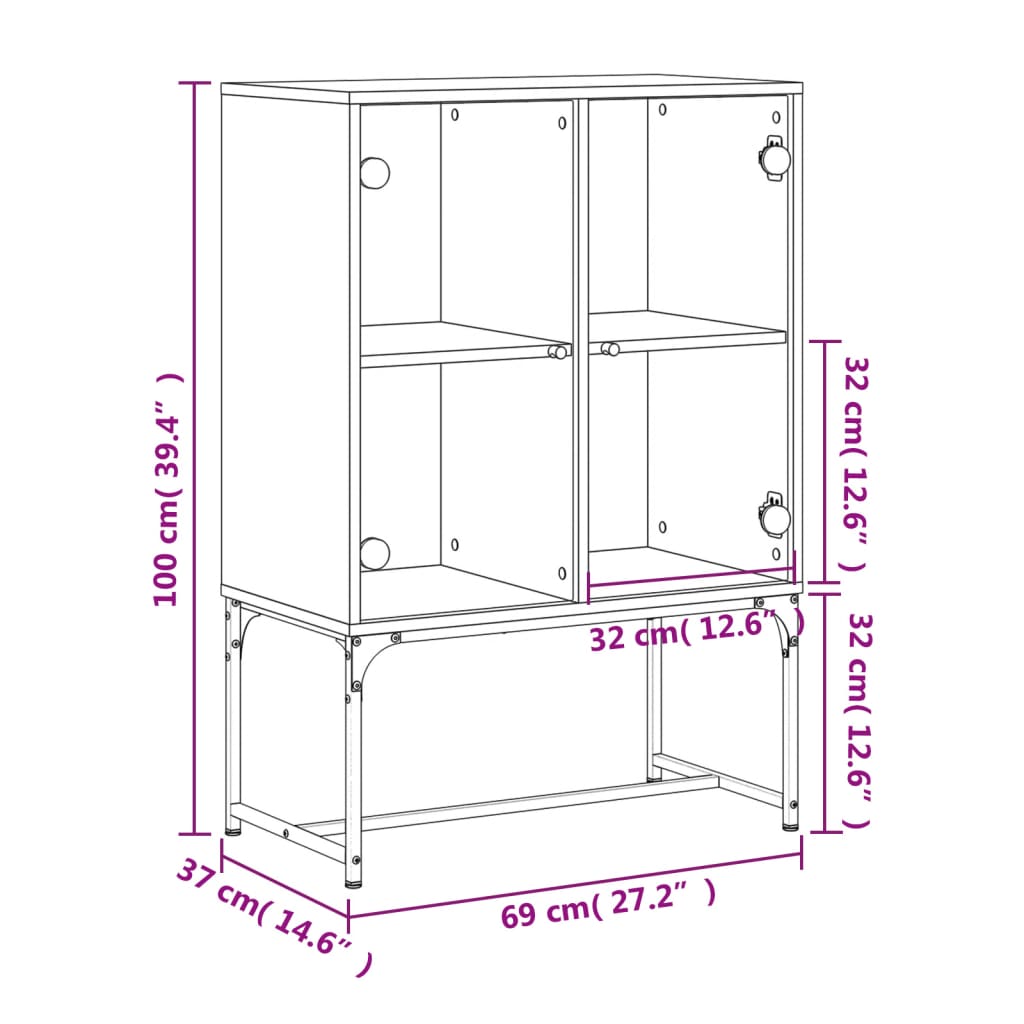 Side Cabinet with Glass Doors Black 69x37x100 cm