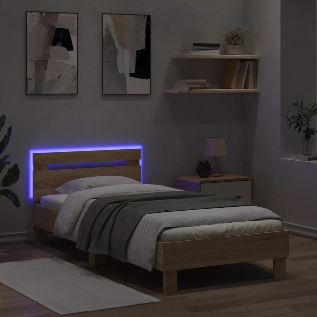 Bed Frame with Headboard and LED Lights Sonoma Oak 90x190 cm