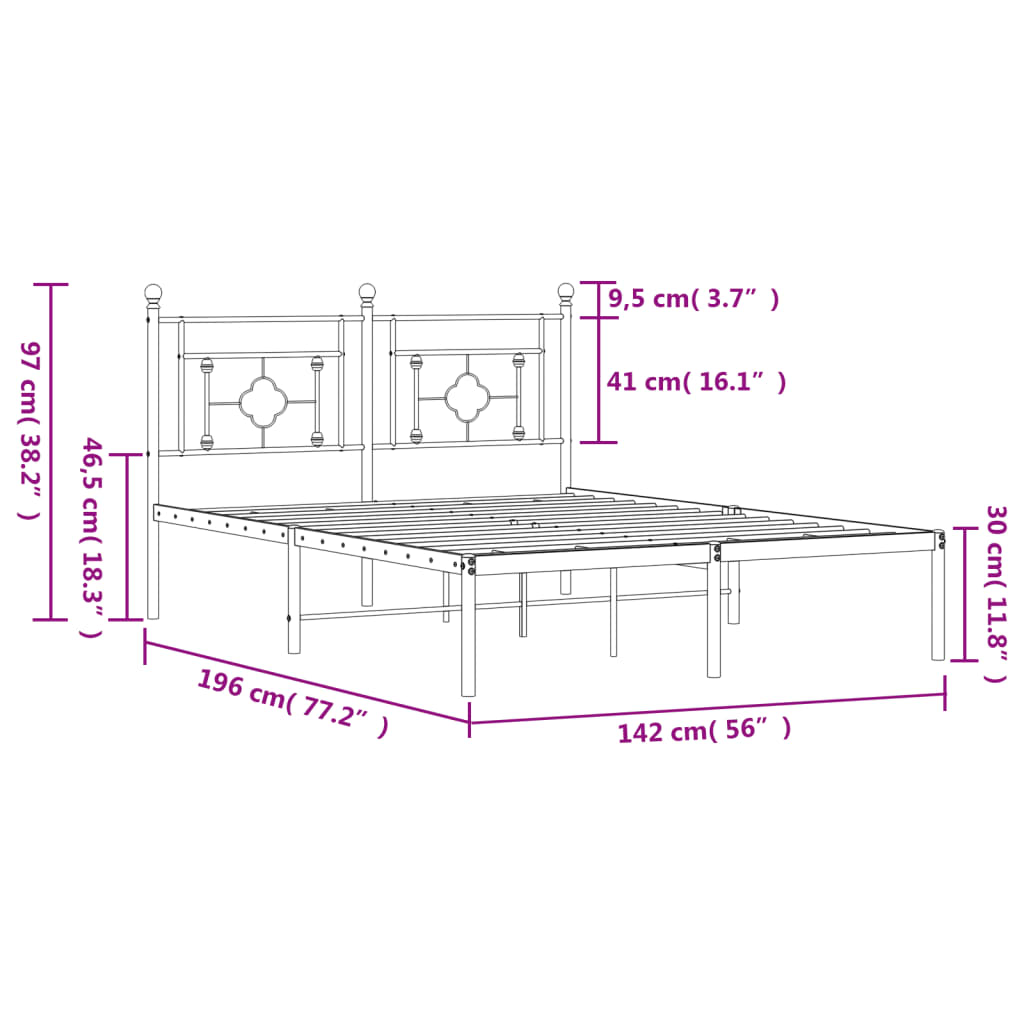 Metal Bed Frame with Headboard Black 135x190 cm