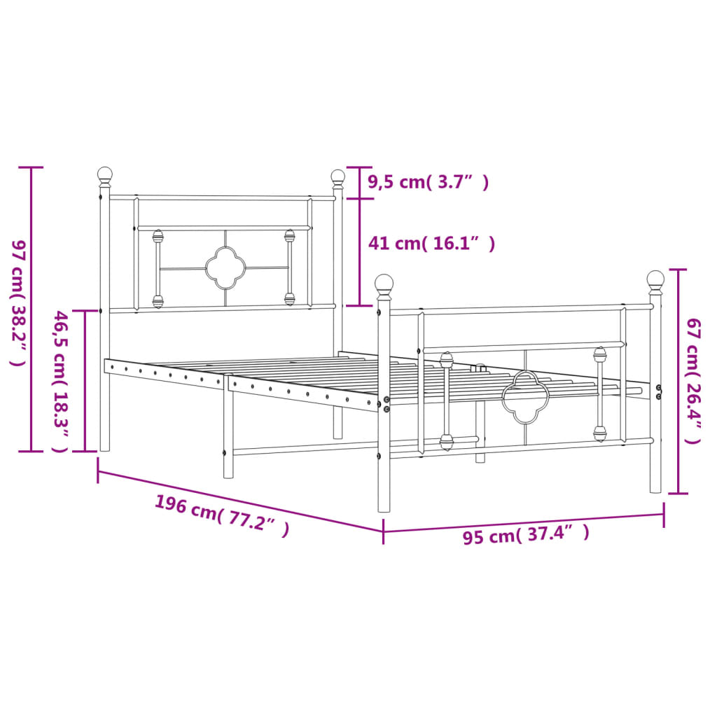 Metal Bed Frame with Headboard and Footboard Black 90x190 cm