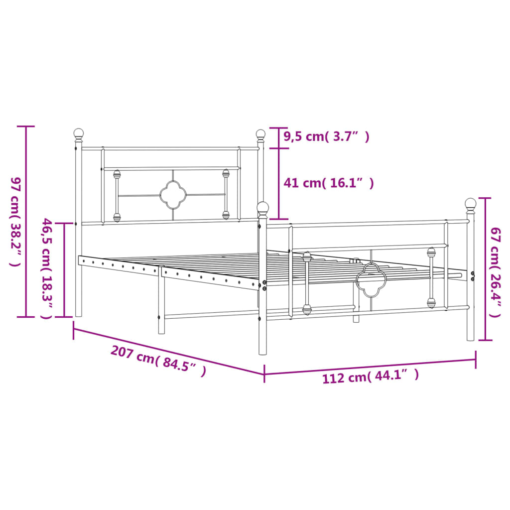 Metal Bed Frame with Headboard and Footboard Black 107x203 cm