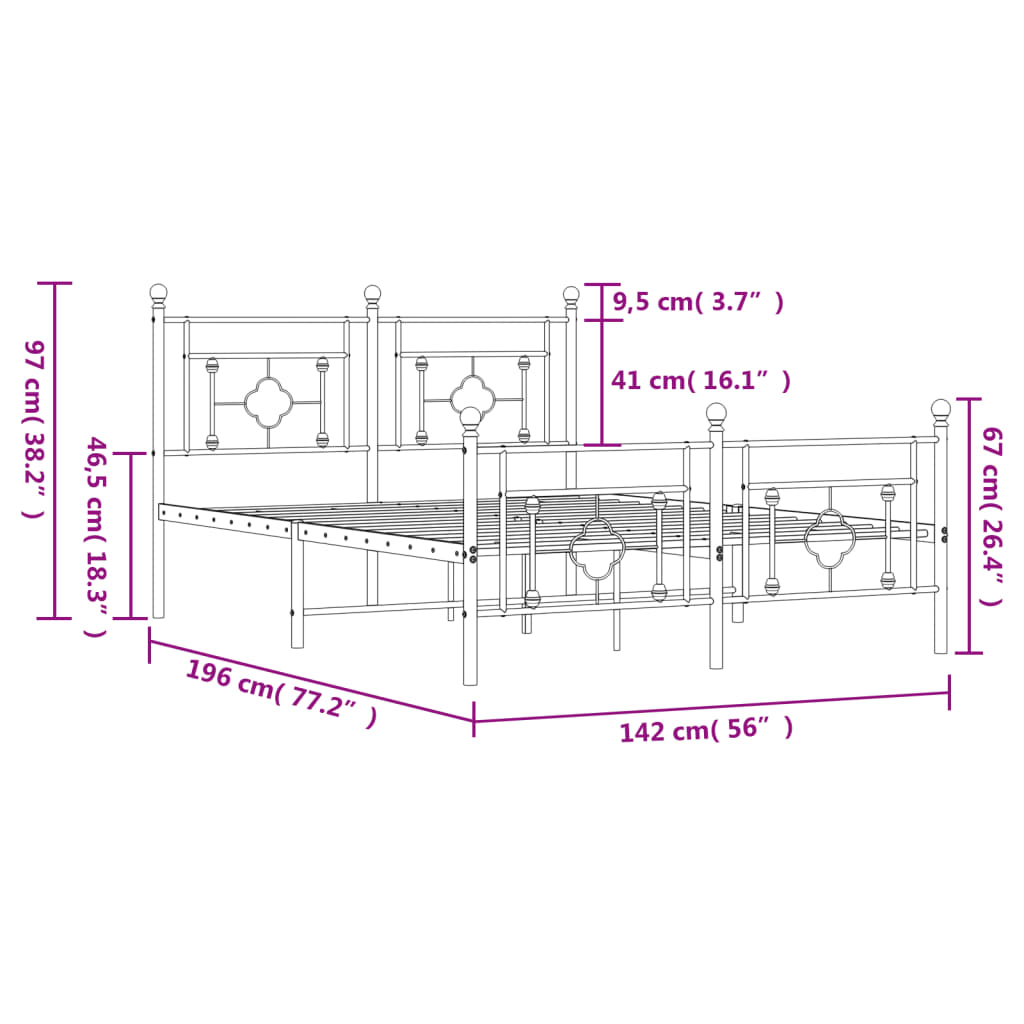 Metal Bed Frame with Headboard and Footboard Black 135x190 cm