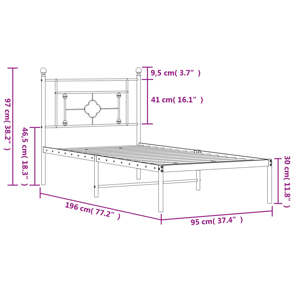 Metal Bed Frame with Headboard White 90x190 cm