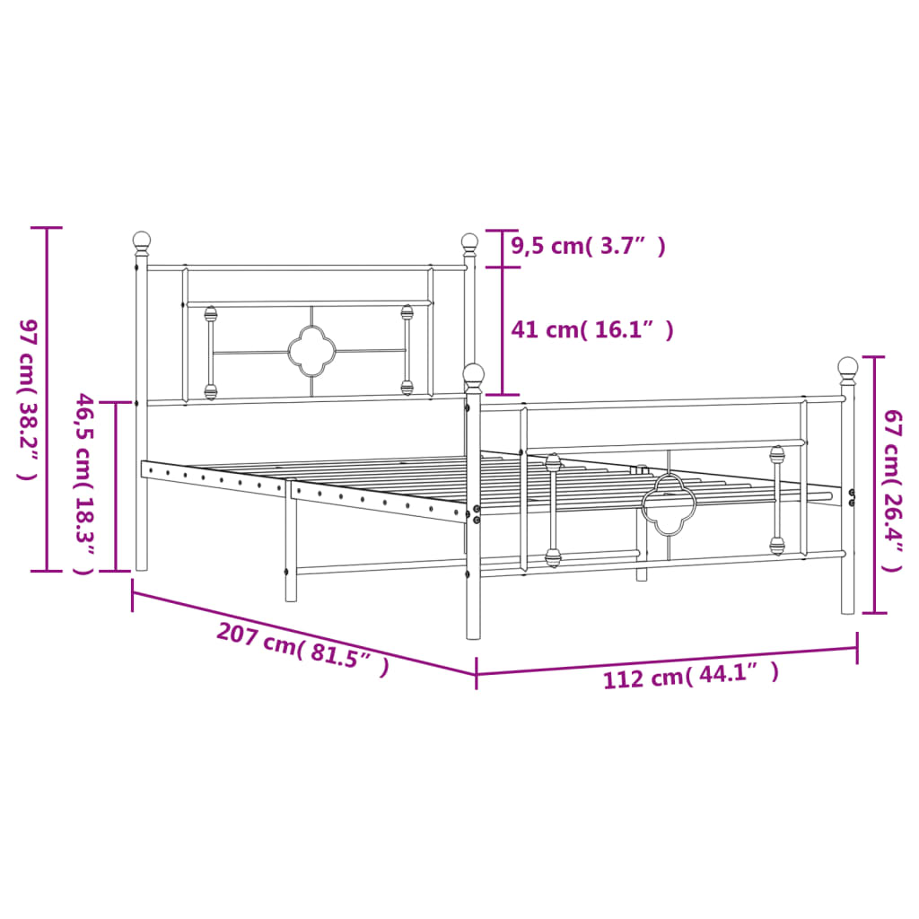 Metal Bed Frame with Headboard and Footboard White 107x203 cm