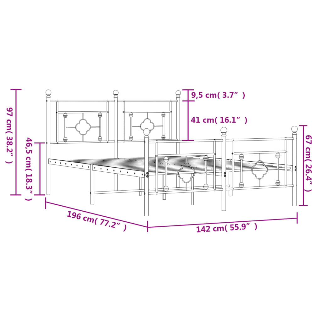 Metal Bed Frame with Headboard and Footboard White 135x190 cm