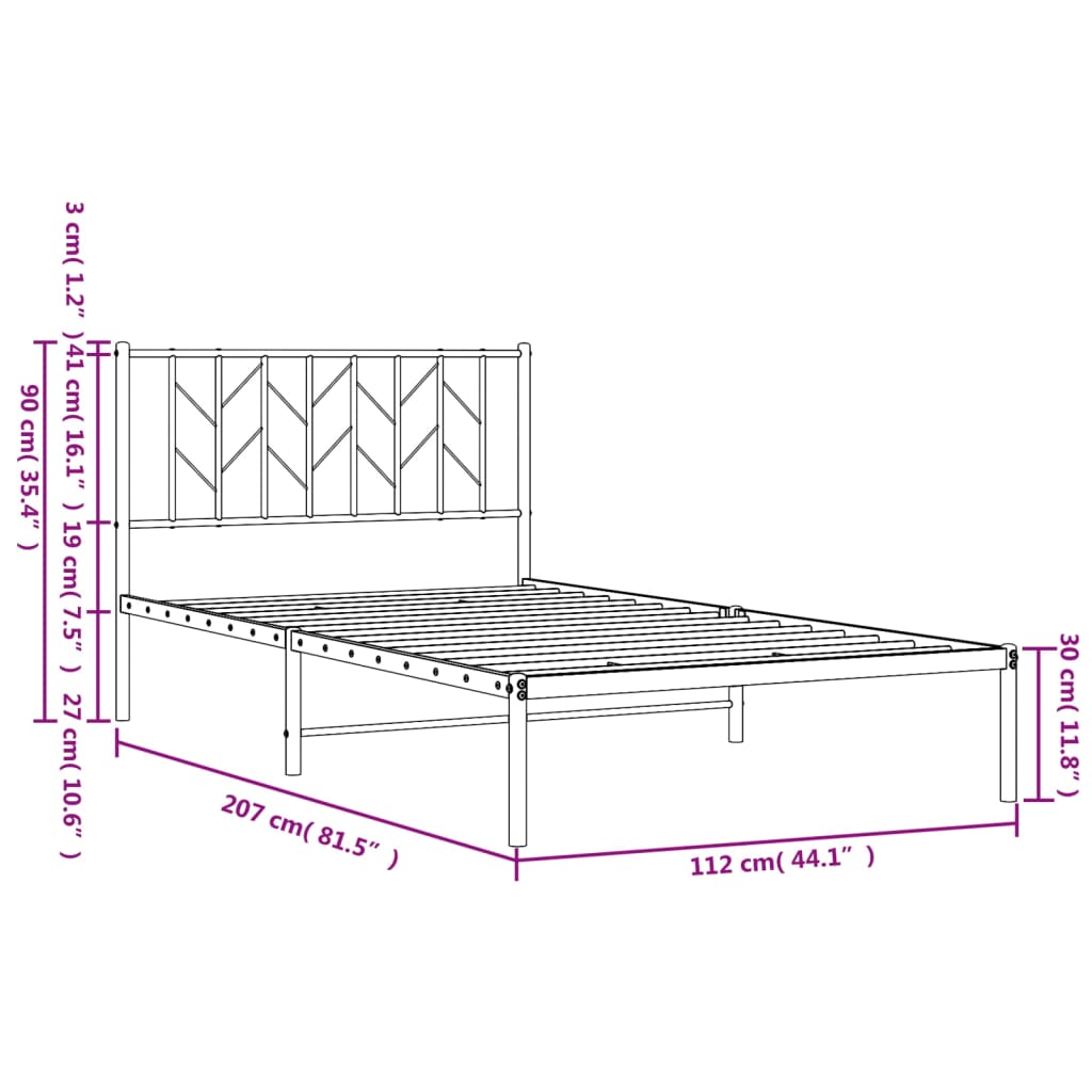 Metal Bed Frame with Headboard Black 107x203 cm