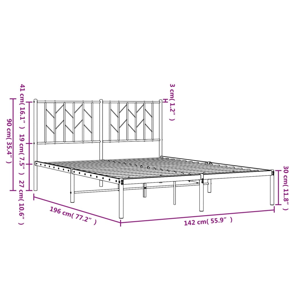 Metal Bed Frame with Headboard Black 135x190 cm