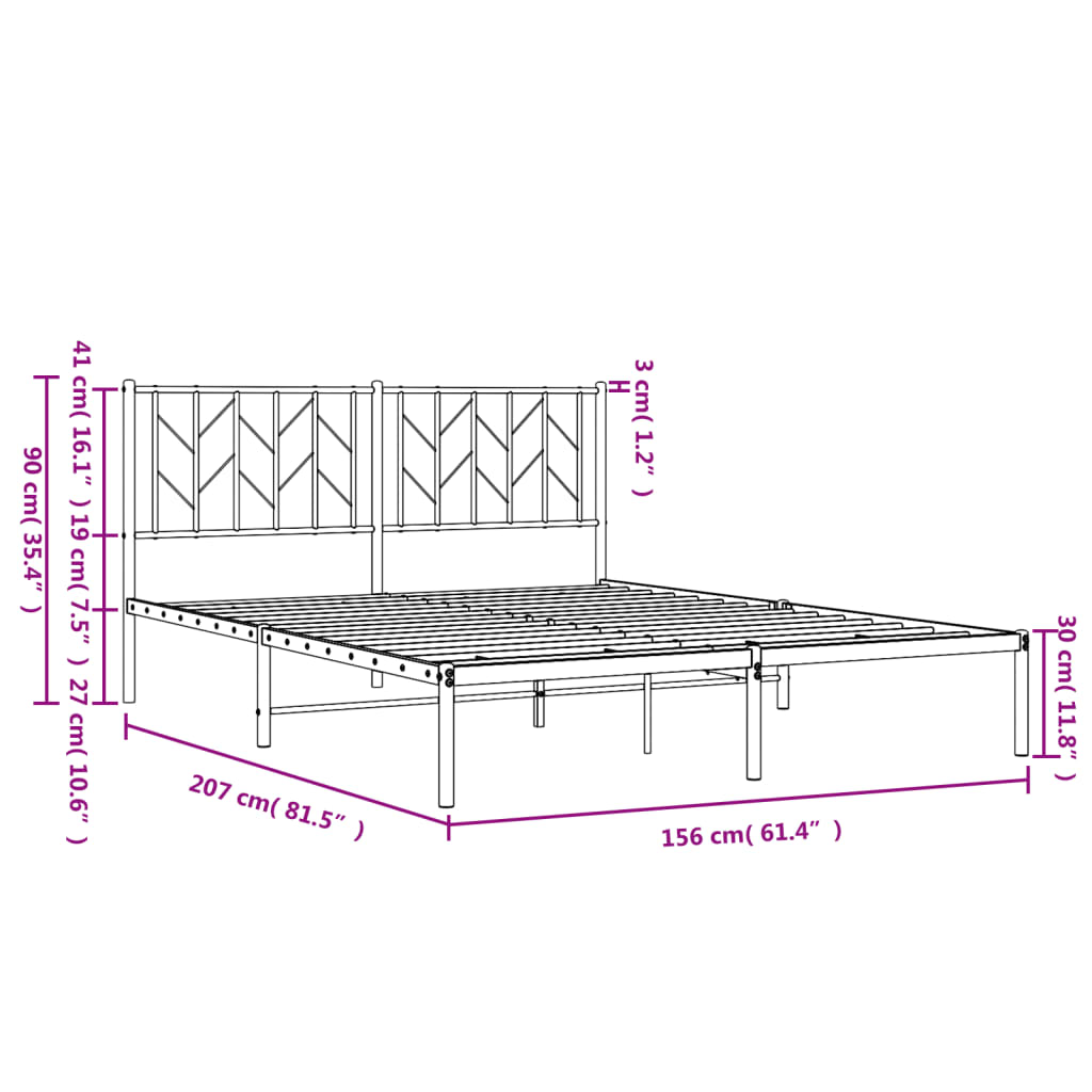 Metal Bed Frame with Headboard Black 150x200 cm