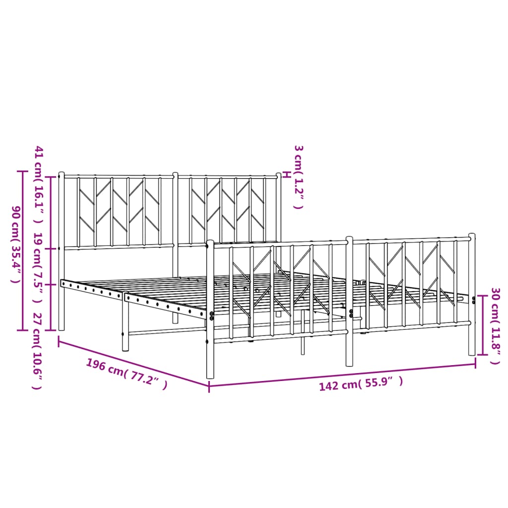 Metal Bed Frame with Headboard and Footboard Black 135x190 cm