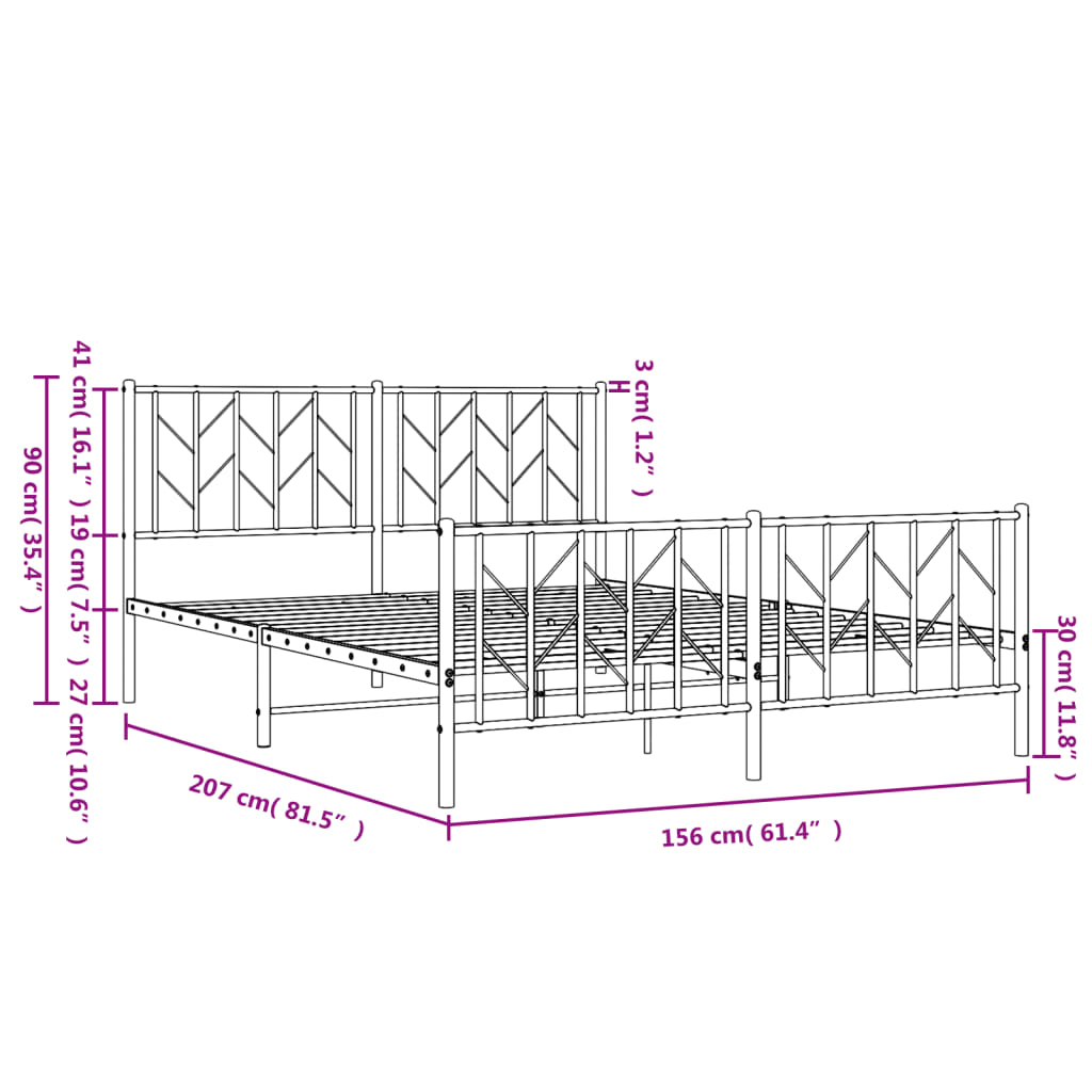 Metal Bed Frame with Headboard and Footboard Black 150x200 cm