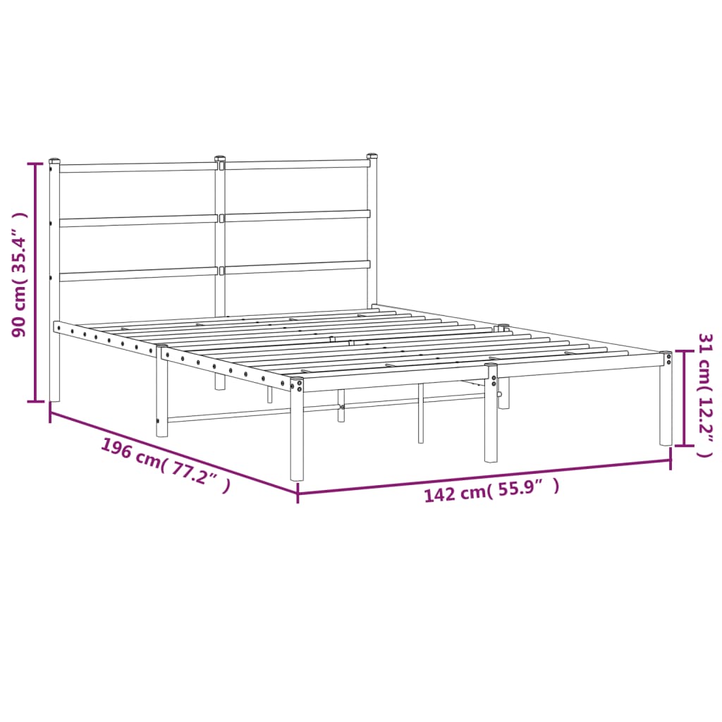 Metal Bed Frame with Headboard Black 135x190 cm