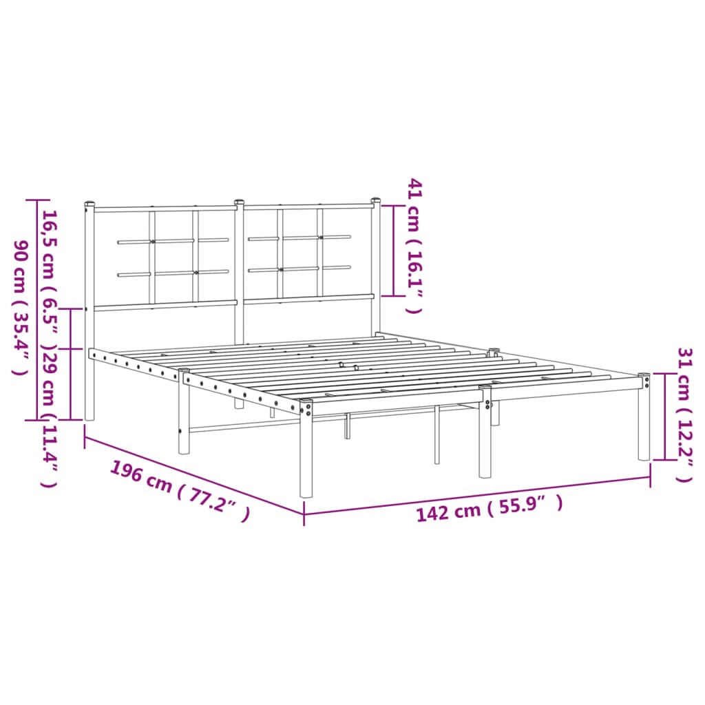 Metal Bed Frame with Headboard Black 135x190 cm