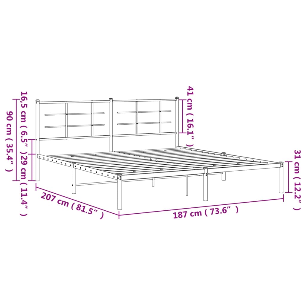 Metal Bed Frame with Headboard Black 183x203 cm King Size