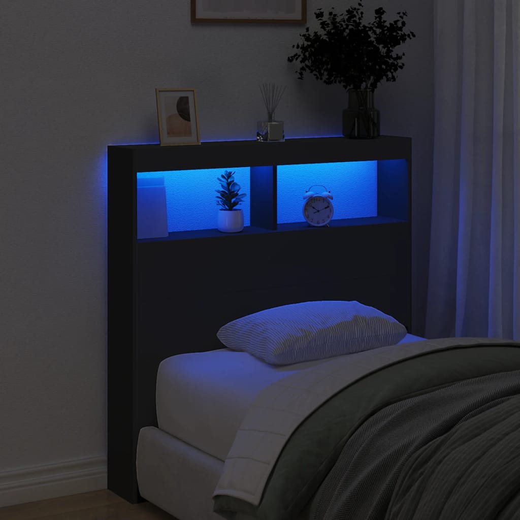 Headboard Cabinet with LED Black 100x17x102 cm